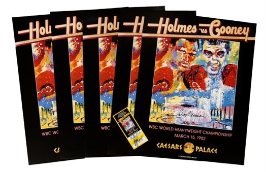 Larry Holmes, Gerry Cooney and Leroy Neiman Signed Fight Posters (5) with signed Fight Ticket